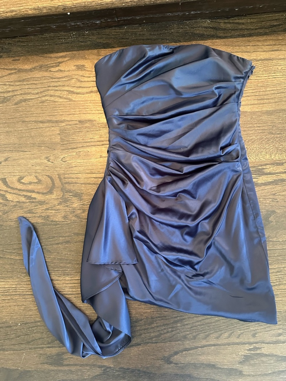 Strapless Navy Satin Ruched Evening Dress